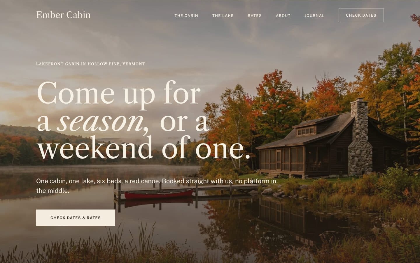 Ember: the home page of Ember Cabin, a fictitious lakefront cabin in Hollow Pine, Vermont