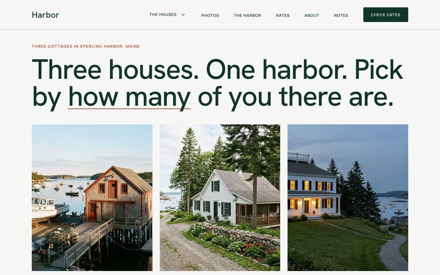 Harbor: the home page of Harbor, three fictitious cottages across Sperling Harbor, Maine: a one-bedroom net loft, a three-bedroom cottage and an 1880s captain's house