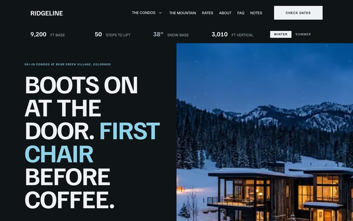 Ridgeline: the home page of Ridgeline, two fictitious ski-in condos at Bear Creek Village, Colorado