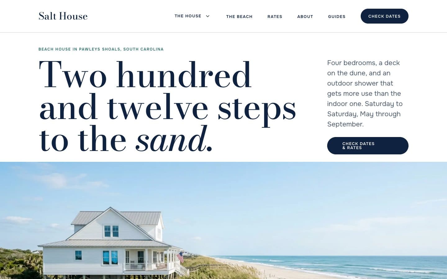 Salt: the home page of Salt House, a fictitious four-bedroom beach house in Pawleys Shoals, South Carolina