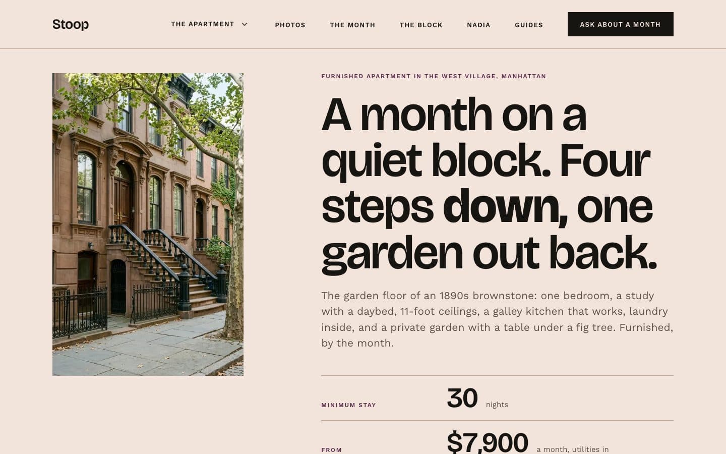 Stoop: the home page of Stoop, a fictitious garden-floor apartment in an 1890s West Village brownstone, let furnished for 30 nights or more